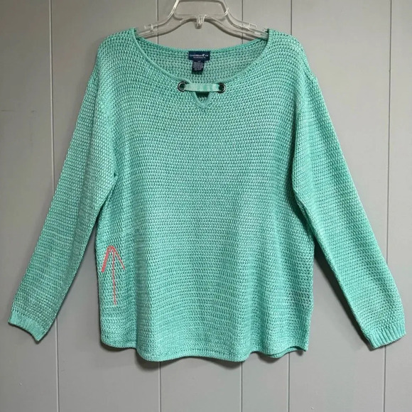 CARIBBEAN JOE Aqua Lightweight Open Weave Grommet Detail Sweater Sz Large Petite - Picture 7 of 8